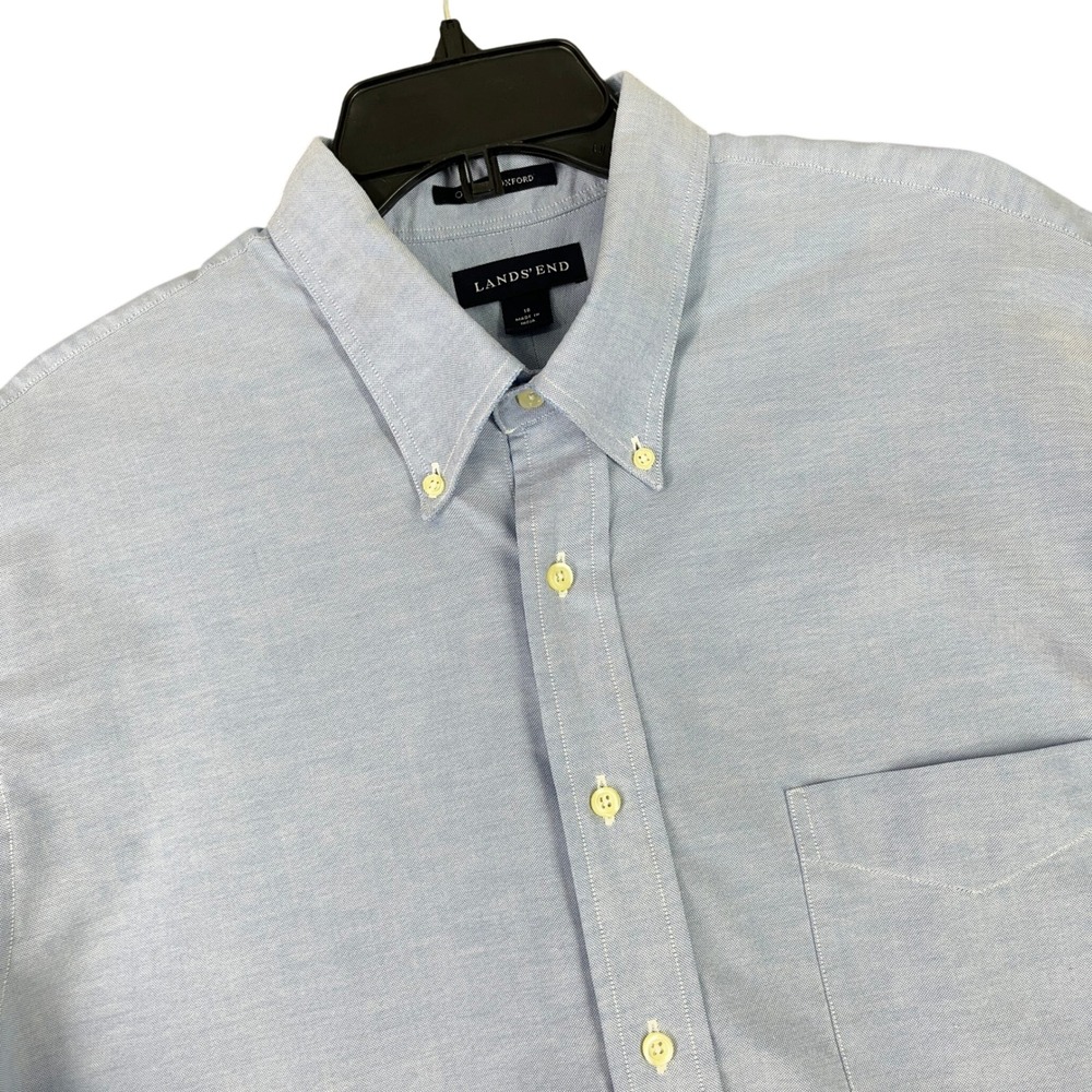 Lands End Original Oxford Short Sleeve Button Down Shirt Blue Cotton 18 Mens